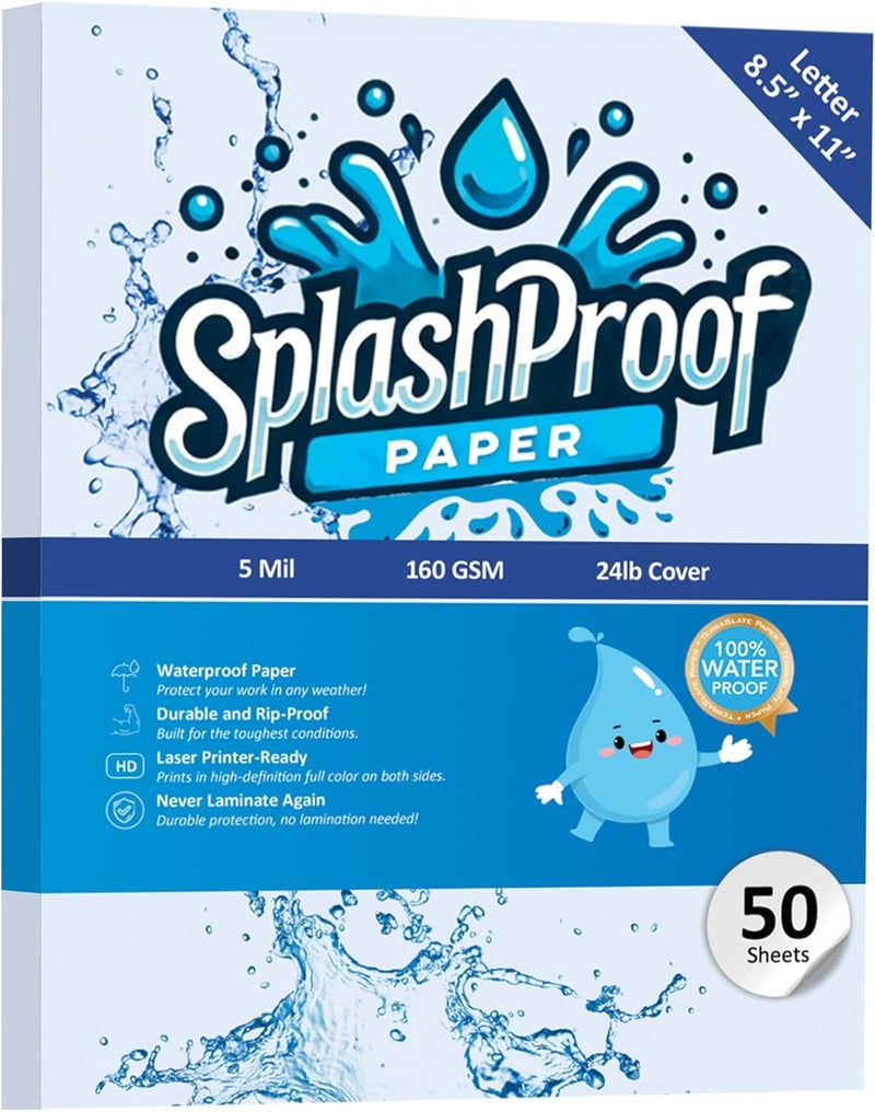 SplashProof Printer Paper - 8.5" x 11", 5 Mil Waterproof Paper, Laser Printer & Copy Machine Compatible (Letter - 8.5" x 11", 50 Sheets) - Image 1